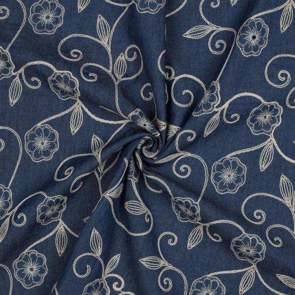 Tissu Jean Denim Coton brodé Fleurs sur fond Bleu indigo - Par 10 cm
