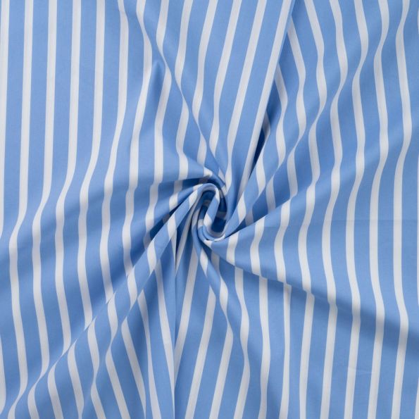 Tissu Coton Stretch rayé Rayures Blanche sur fond Bleu ciel - Par 10 cm
