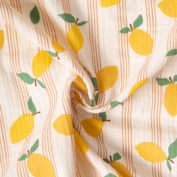 Tissu Double gaze de Coton Citrons jaunes et rayures sur fond Ecru - Par 10 cm
